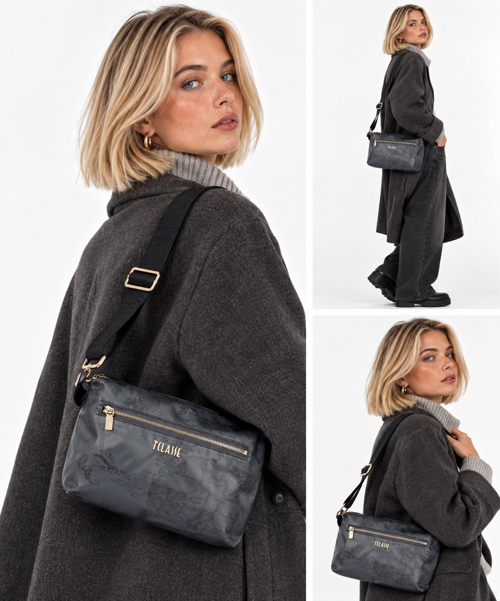 Damen-Umhängetasche 1A Klasse Alviero Martini Linie Soft Color aus Soft-Gewebe Anthrazit LG57