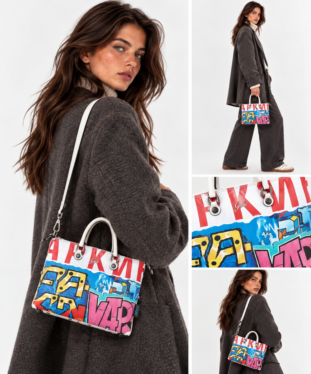 Damen-Henkeltasche mit Umhängeriemen GABS G3 PLUS Trip aus Leder mit Graffiti-Print Large