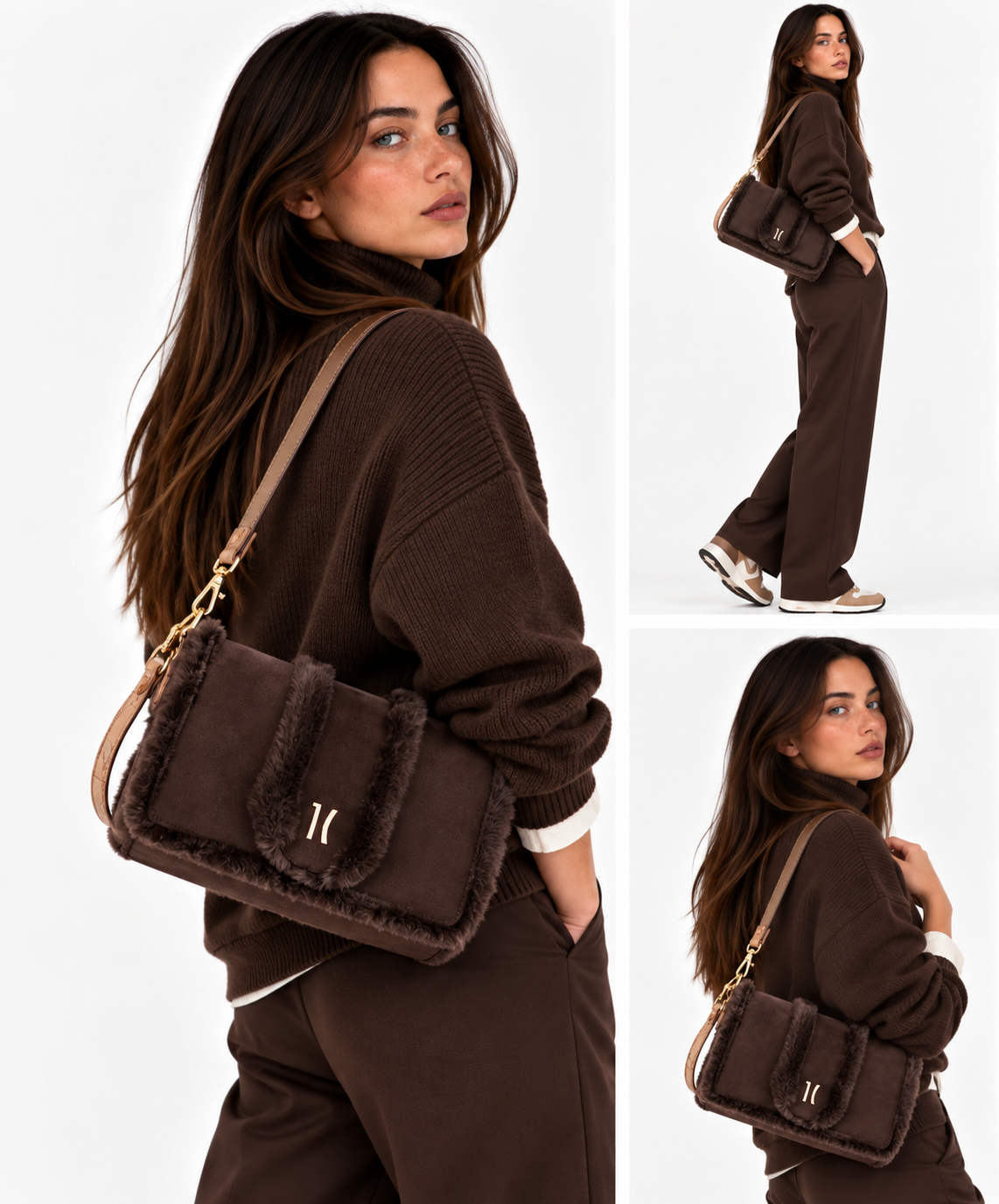 Borsa Donna Sottospalla 1A Classe Alviero Martini linea Chalet Chic in Tessuto Scamosciato e Eco Pelliccia Testa di Moro LG91