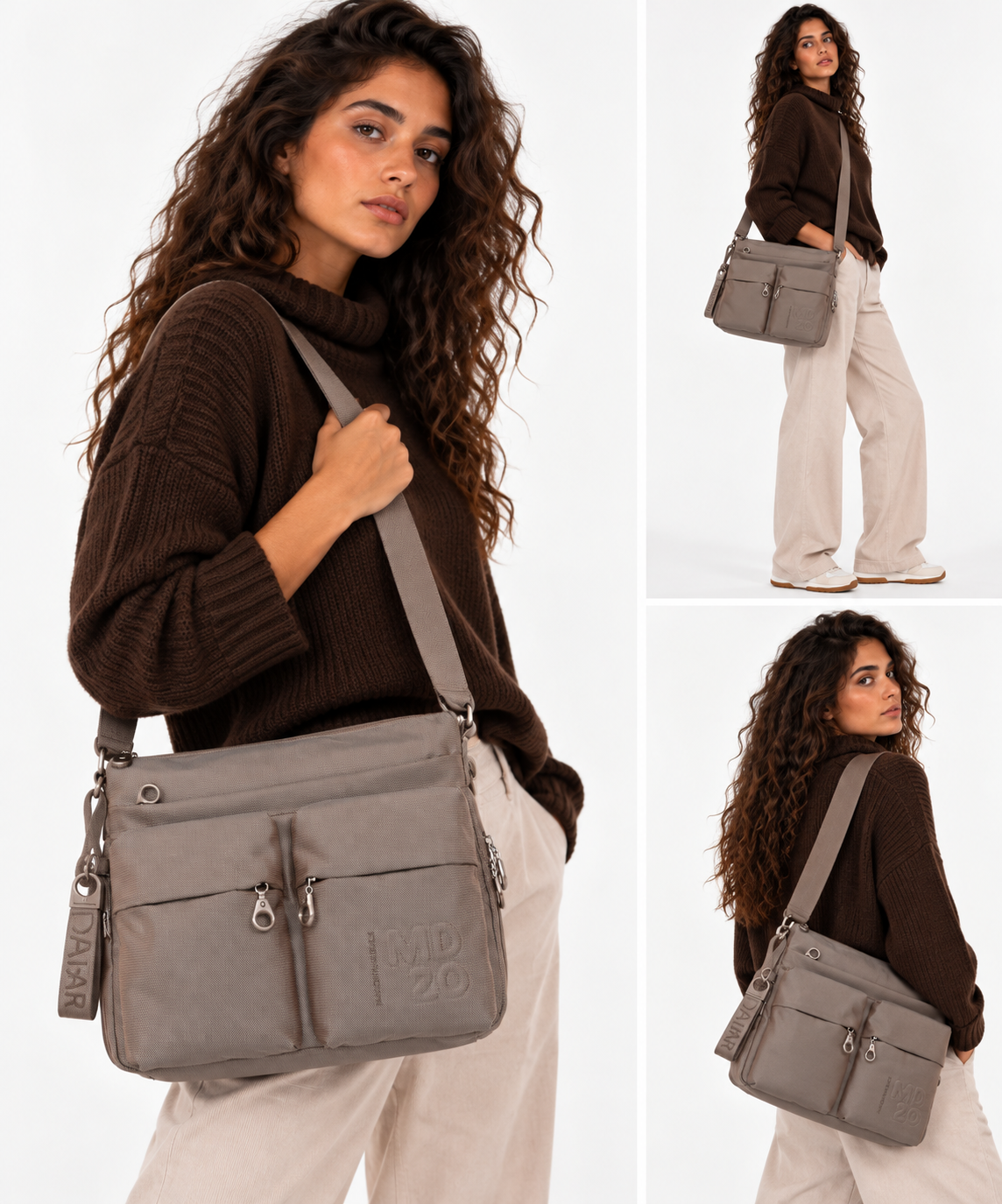 Borsa Donna a Tracolla MANDARINA DUCK Espandibile in Tessuto Linea MD20 Colore Taupe Misura Grande