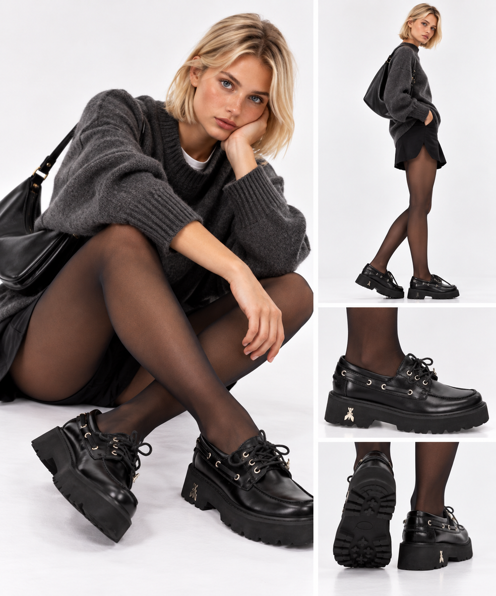 Patrizia Pepe Girl Fly Cult Plateau-Schnürschuhe aus schwarzem Leder