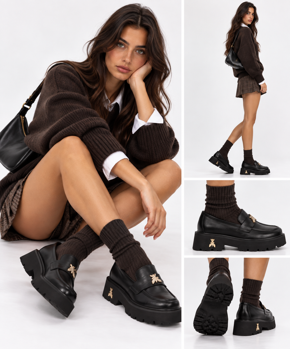 Patrizia Pepe Girl Fly Cult Plateau-Mokassins mit Strass aus schwarzem Leder