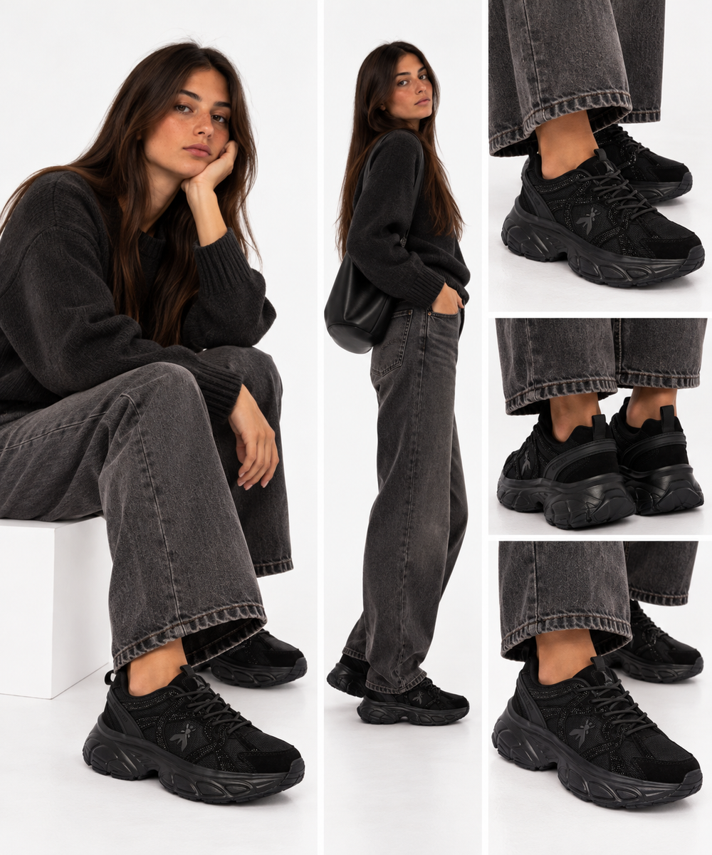 Sneakers Running PATRIZIA PEPE Girl linea Fly Run Tech in Mesh e Suede Nero