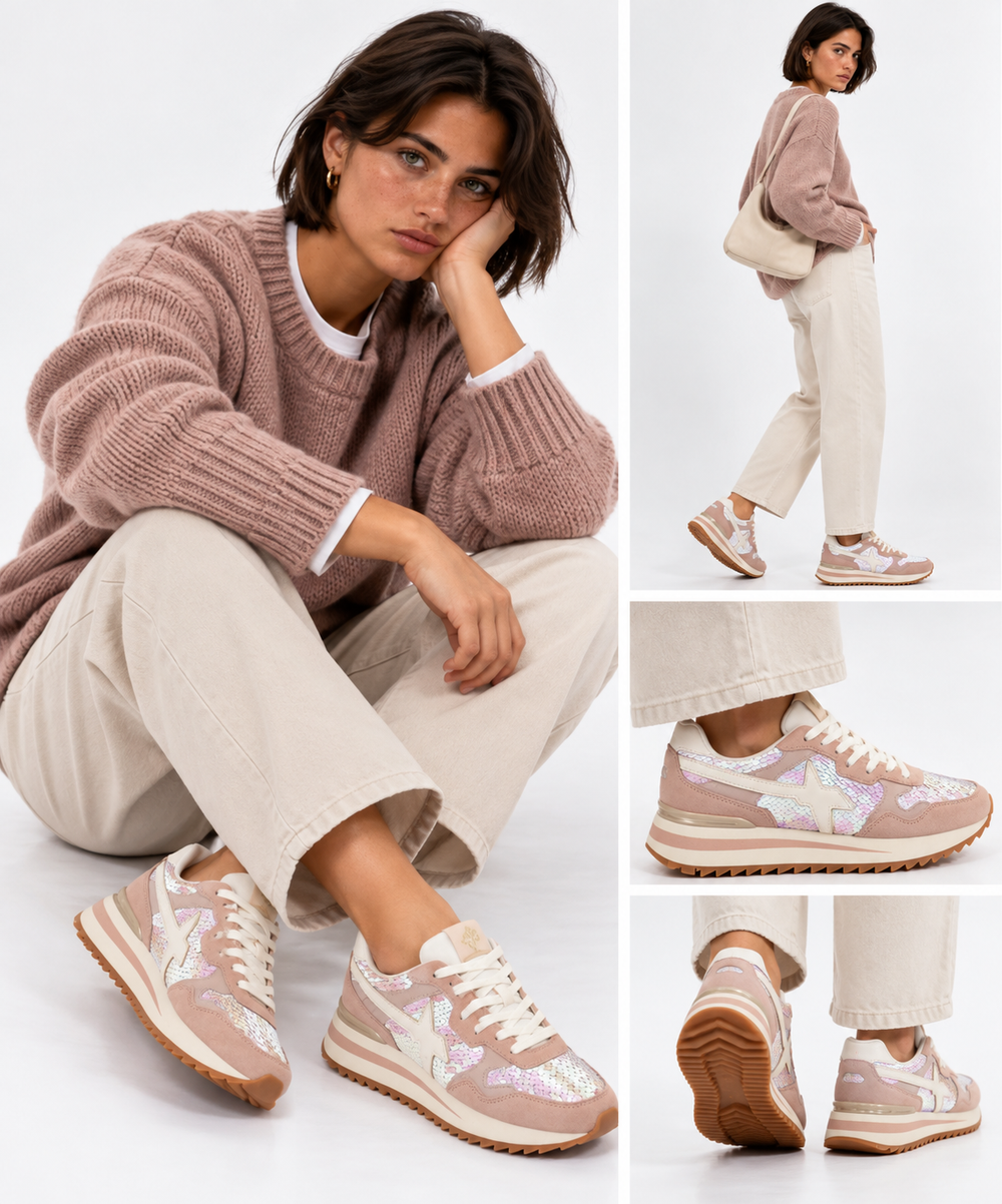 Damen-Sneaker W6YZ Yak-W. aus Wildleder und Pailletten in Puderrosa White und Champagne
