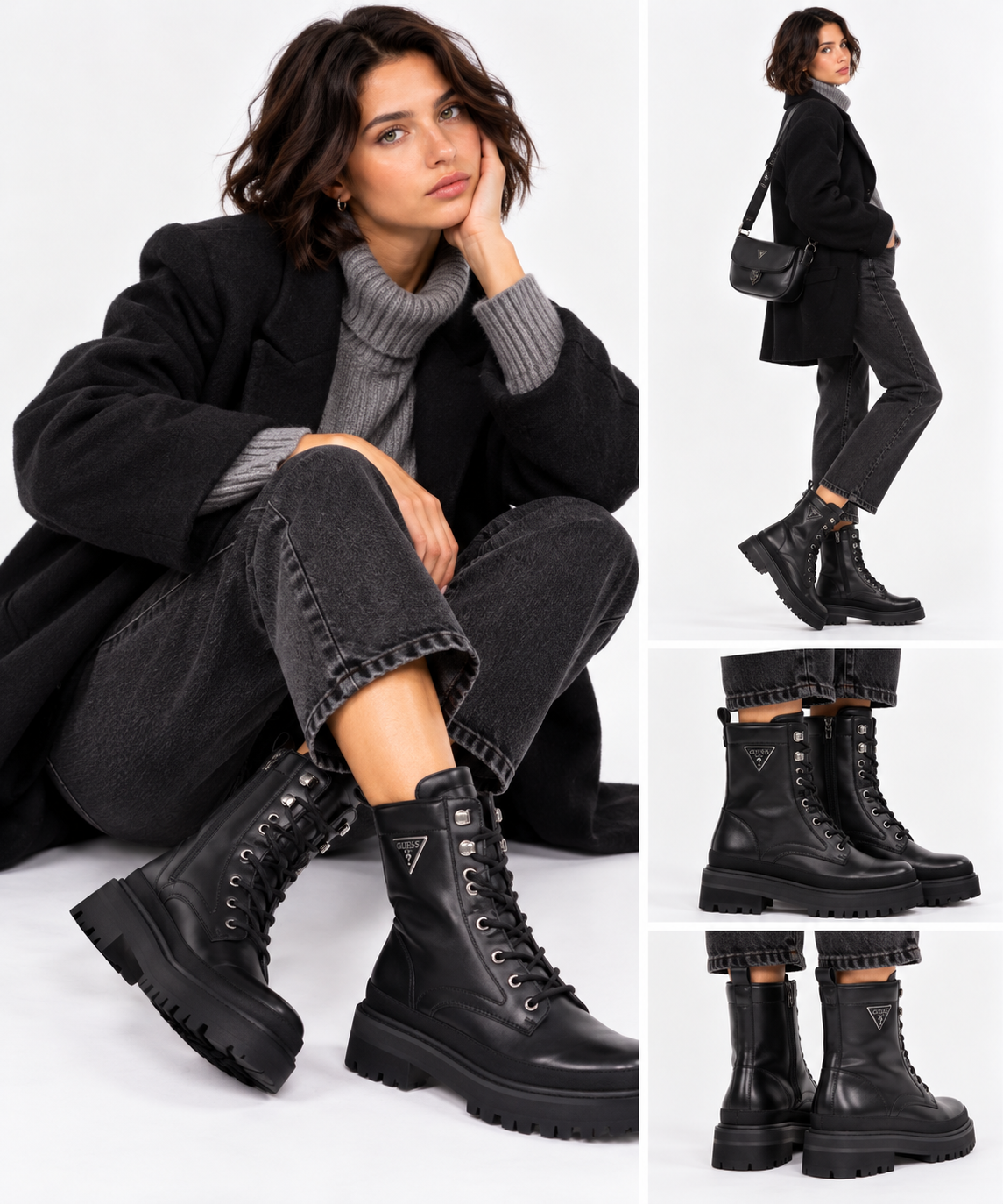 Women's Black Leather Combat Boots GUESS Bada