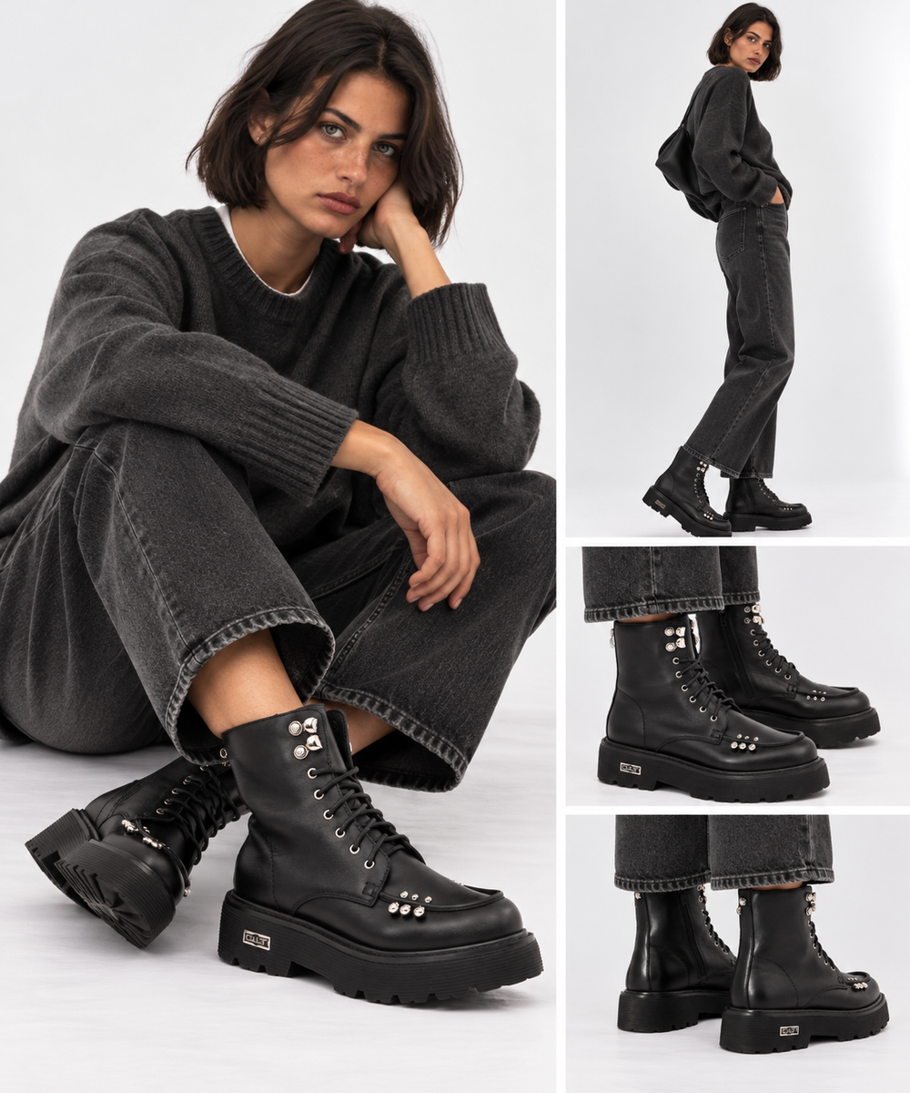 Scarpe Donna CULT Anfibi Slash 4820 in Pelle Nera con Borchie Applicate