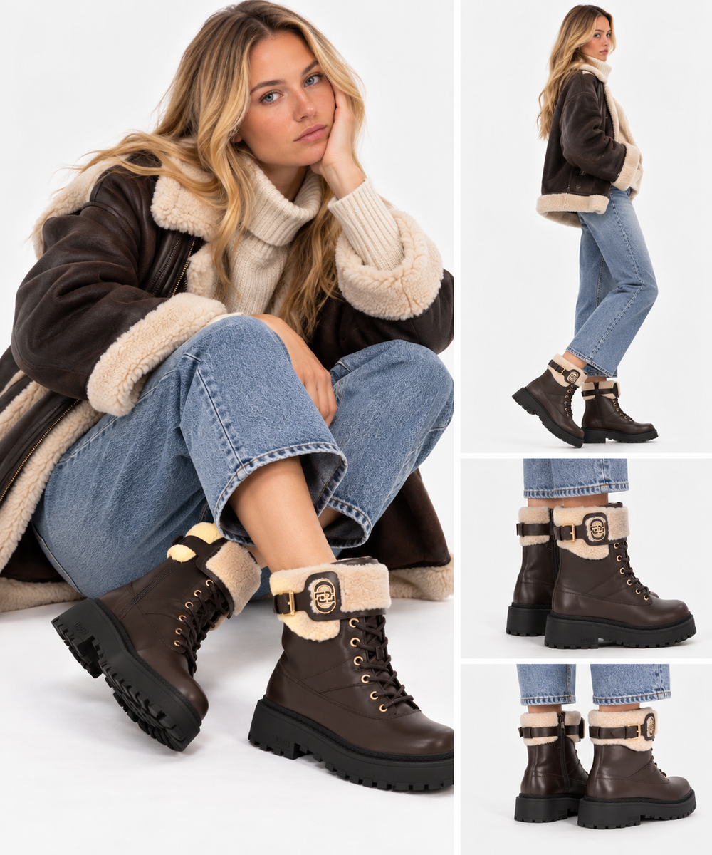 Anfibi Donna LIU JO Rumi 45F in Pelle Moka con Dettagli in Eco Fur
