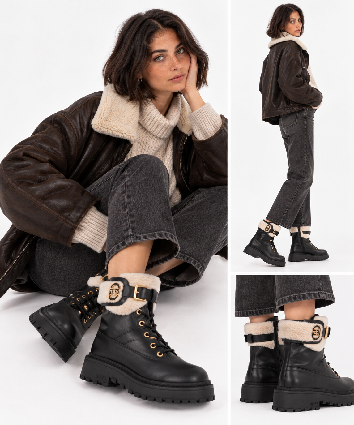 Anfibi Donna LIU JO Rumi 45F in Pelle Nera con Dettagli in Eco Fur