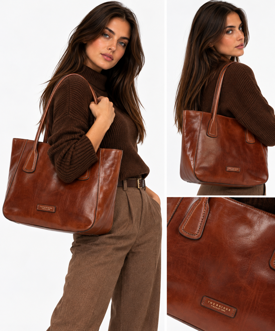 Shopping Bag Large THE BRIDGE linea Maddalena in Pelle Marrone