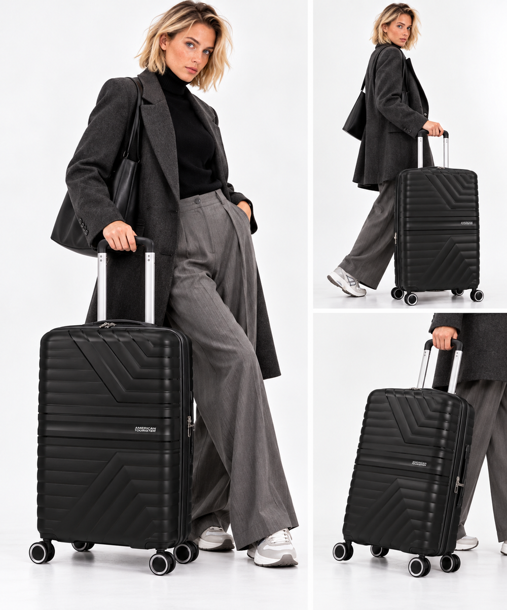 Erweiterbarer Kabinen-Hartschalentrolley 4 Rollen AMERICAN TOURISTER Modell Flytwist in Shadow Black