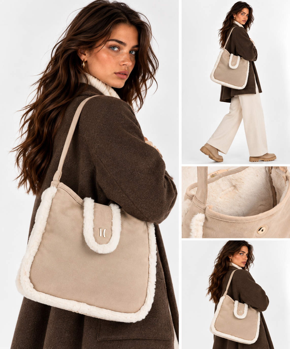 Damen-Schultertasche 1A Classe ALVIERO MARTINI Modell Chalet Chic aus Wildleder-Stoff und Webpelz in Beige LG89