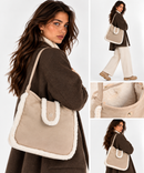 Damen-Schultertasche 1A Classe ALVIERO MARTINI Modell Chalet Chic aus Wildleder-Stoff und Webpelz in Beige LG89