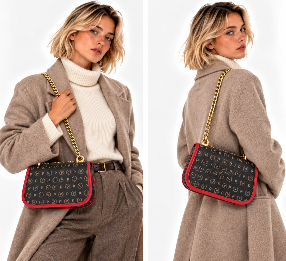 Damen-Umhängetasche mittelgroß POLLINI Heritage Logo Classic Schwarz und Lack