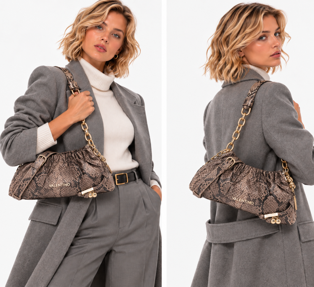 Borsa Donna a Spalla con Tracolla VALENTINO BAGS linea Lumira Colore Pitone - Taupe