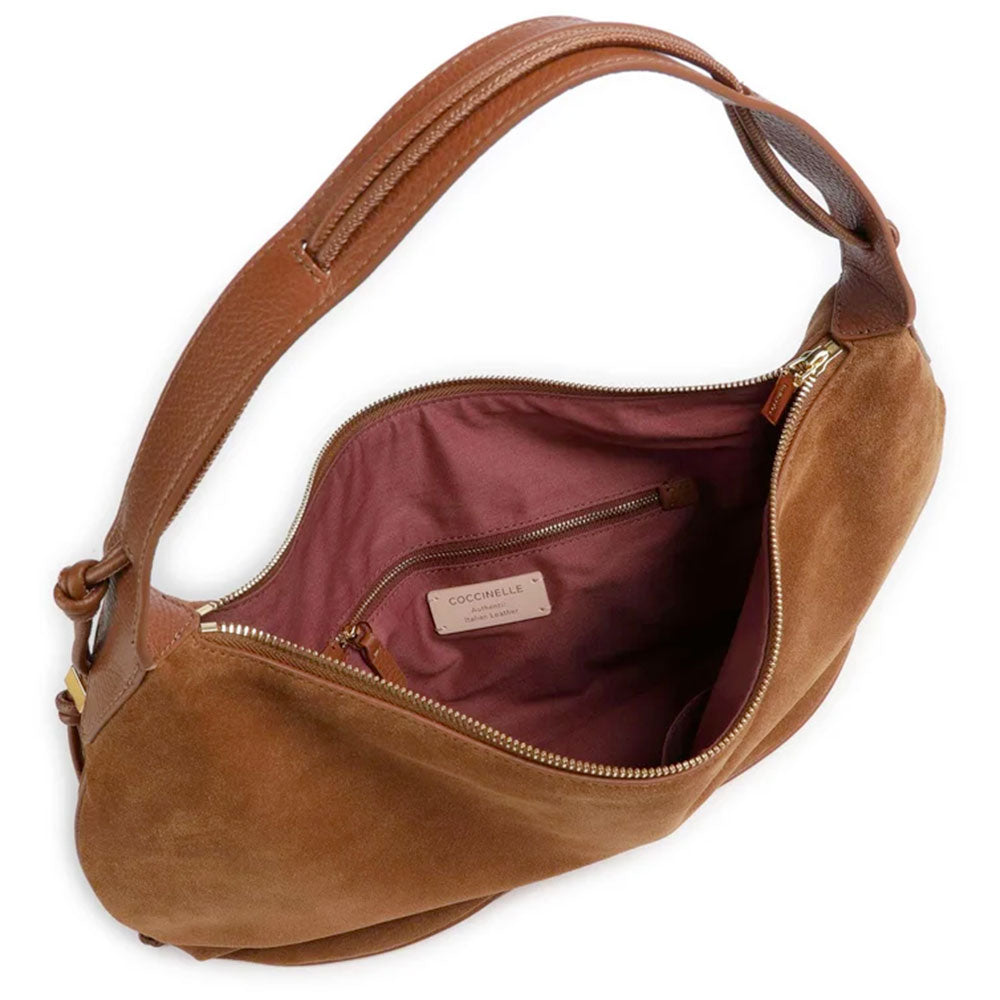 Borsa Donna a Hobo Spalla COCCINELLE in Pelle Scamosciata linea Thess Suede Colore Cognac