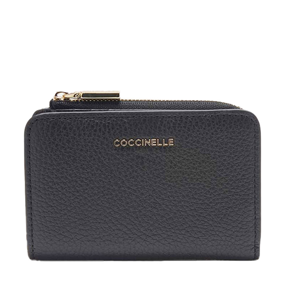 Portafoglio Donna Piatto COCCINELLE in Pelle Nera Linea Metallic Soft