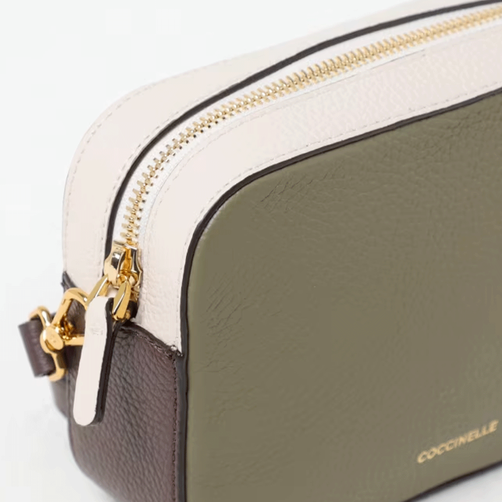 Borsa Donna a Tracolla COCCINELLE Linea Tebe Colore Laurel Green - Lambskin White - Fondant Brown