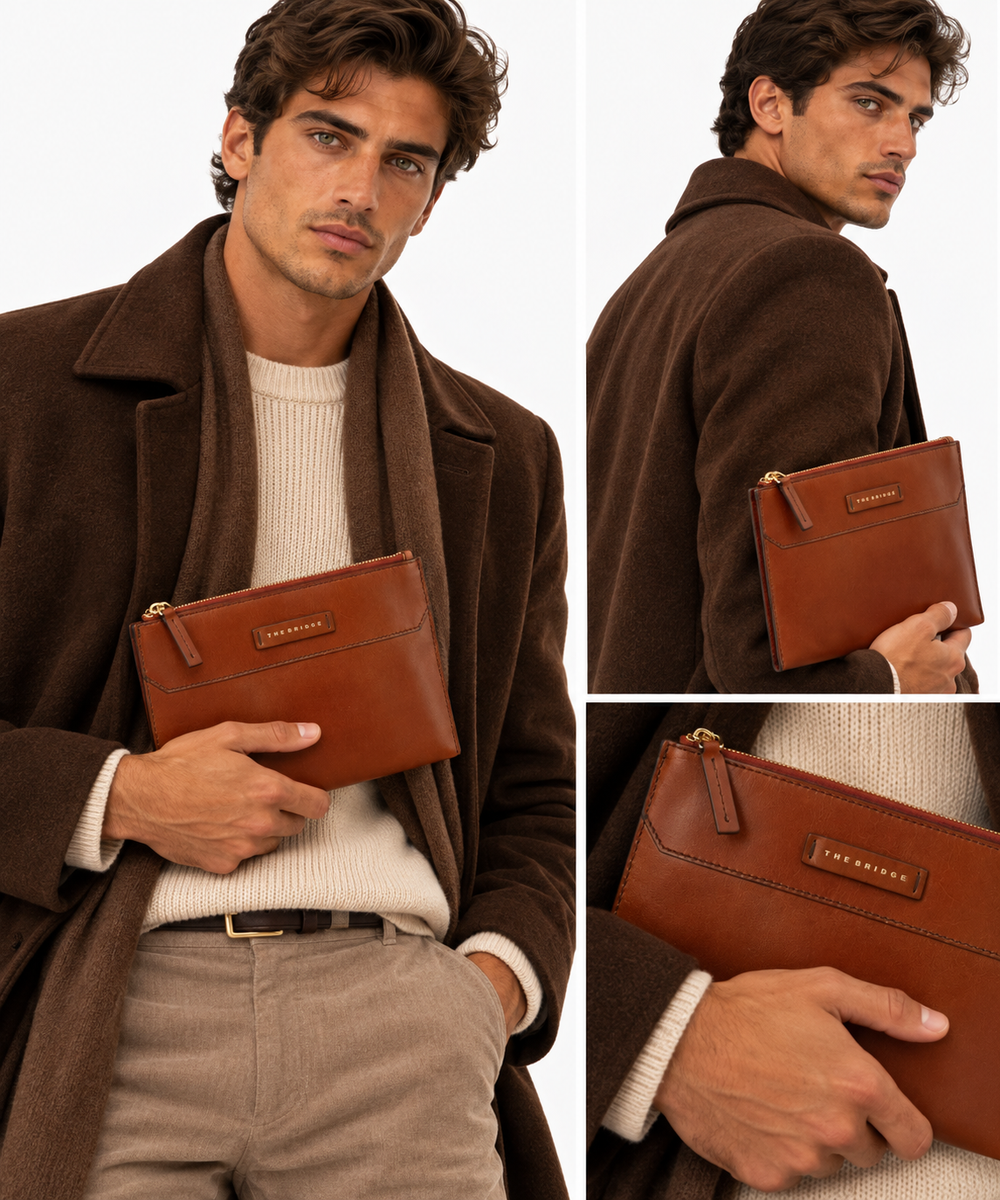 Pochette Uomo Piccola THE BRIDGE linea Dante in Pelle Marrone
