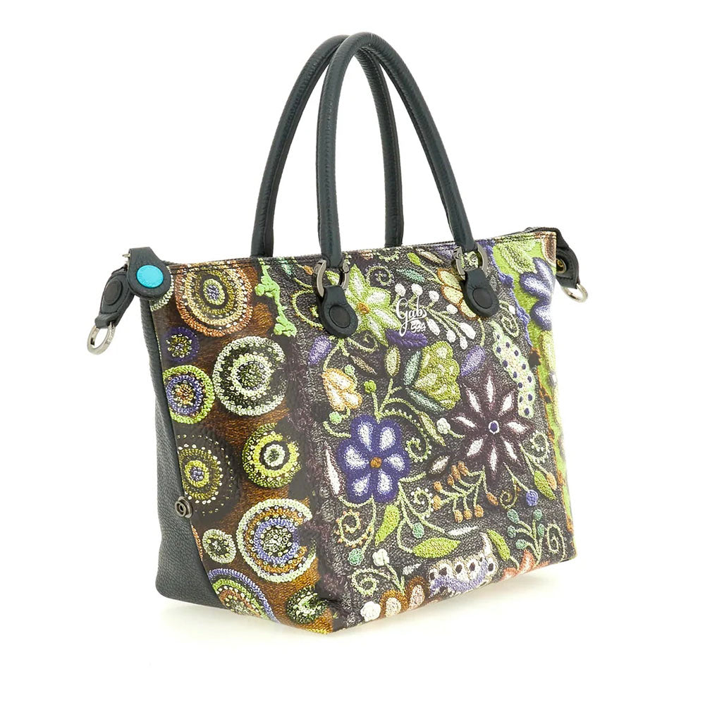 Borsa Donna a Mano con Tracolla GABS G3 PLUS Large in Pelle stampa Ricamo Fiore Verde