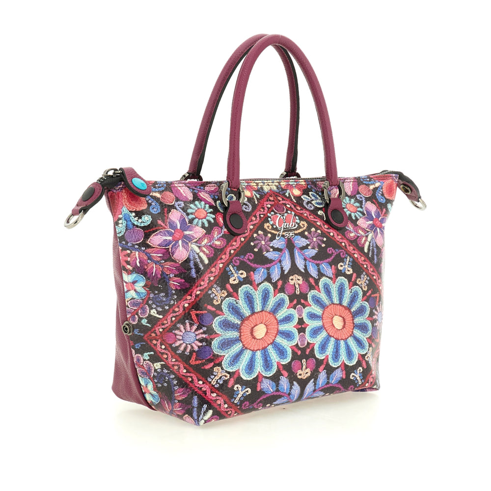 Borsa Donna a Mano con Tracolla GABS G3 PLUS Large in Pelle stampa Ricamo Fiore Fuxia