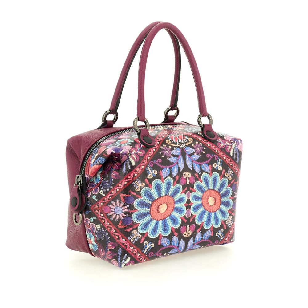 Borsa Donna a Mano con Tracolla GABS G3 PLUS Large in Pelle stampa Ricamo Fiore Fuxia