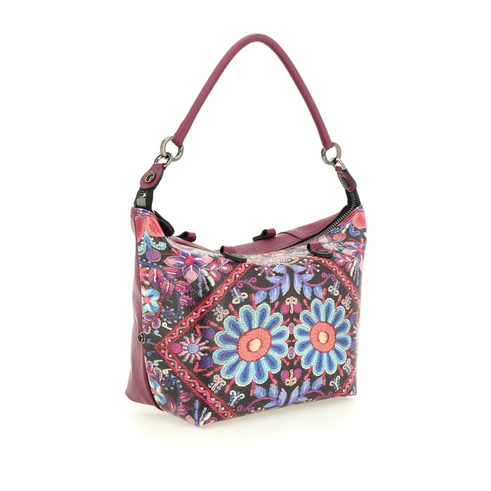 Borsa Donna a Mano con Tracolla GABS G3 PLUS Medium in Pelle stampa Ricamo Fiore Fuxia