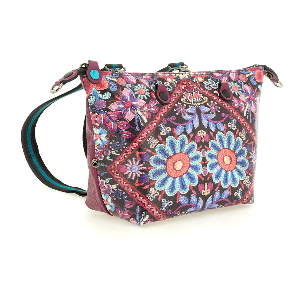 Borsa Donna a Mano con Tracolla GABS G3 PLUS Medium in Pelle stampa Ricamo Fiore Fuxia