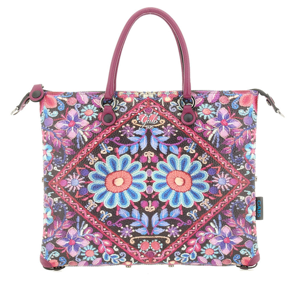 Borsa Donna a Mano con Tracolla GABS G3 PLUS Large in Pelle stampa Ricamo Fiore Fuxia