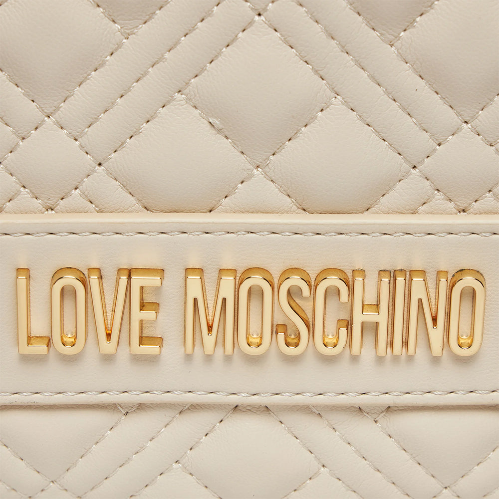 Gesteppter Damenrucksack mit Taschen LOVE MOSCHINO Love-Schriftzug Elfenbeinlinie