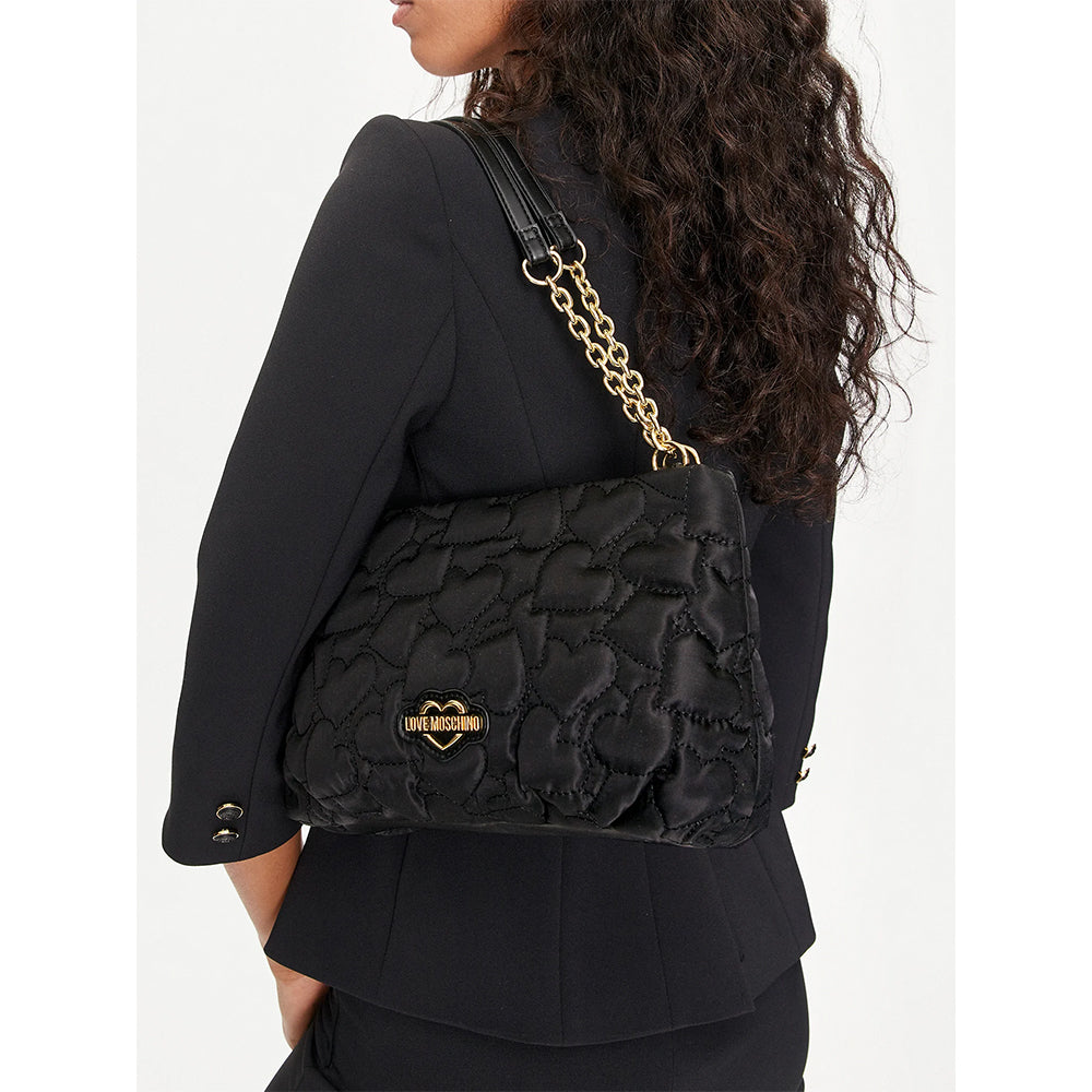 Borsa Donna a Spalla LOVE MOSCHINO in Nylon Nero con Trapuntatura a Cuore