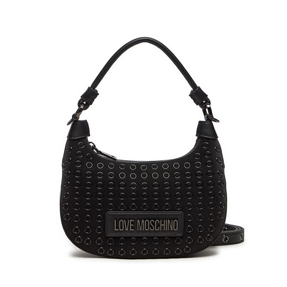 LOVE MOSCHINO GLAM UP LINIE
Schwarze Hand-Hobo-Tasche mit Gunmetal-Logo