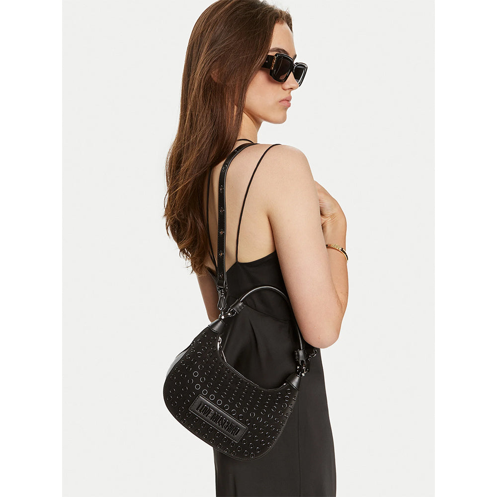 LOVE MOSCHINO GLAM UP LINIE
Schwarze Hand-Hobo-Tasche mit Gunmetal-Logo