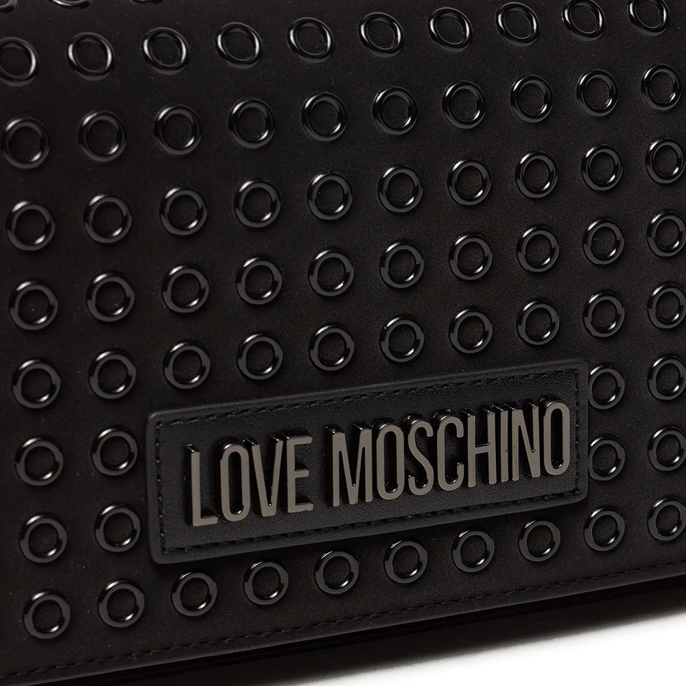 LOVE MOSCHINO GLAM UP LINIE
Damen-Clutch in schwarzem Leder mit Schultergurt und Gunmetal-Logo