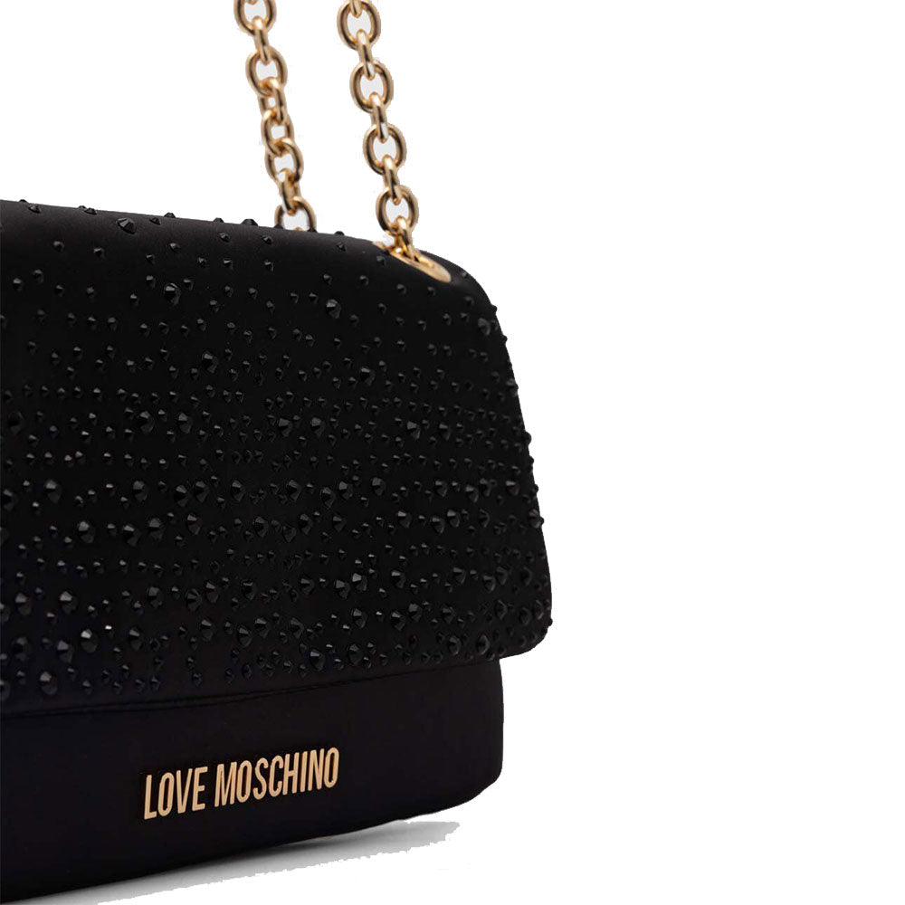 Borsa Donna a Spalla e Tracolla LOVE MOSCHINO in Raso Nero con Strass