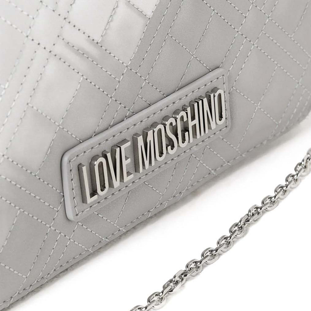 Damen-Clutch mit Schultergurt LOVE MOSCHINO Shiny Quilted Line in laminiertem Silber