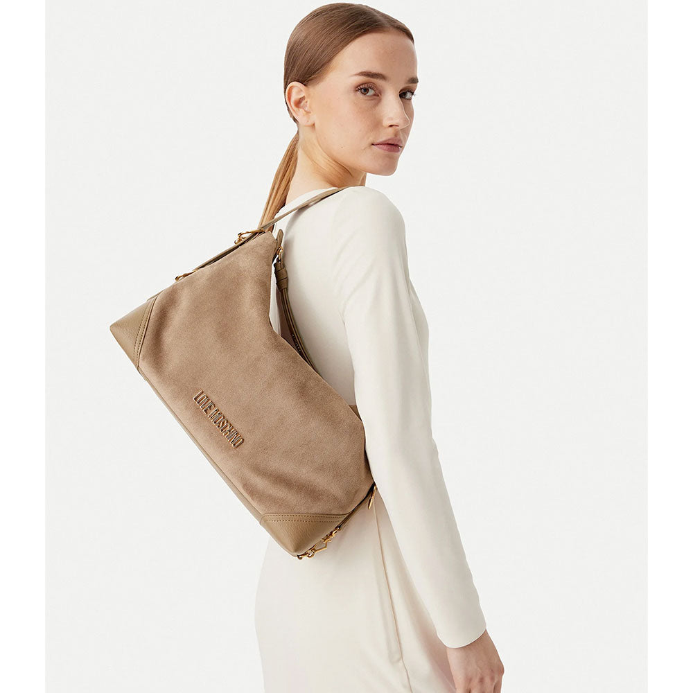 Borsa Donna Hobo Bag Large LOVE MOSCHINO linea Signature Zip in Velour color Cuoio