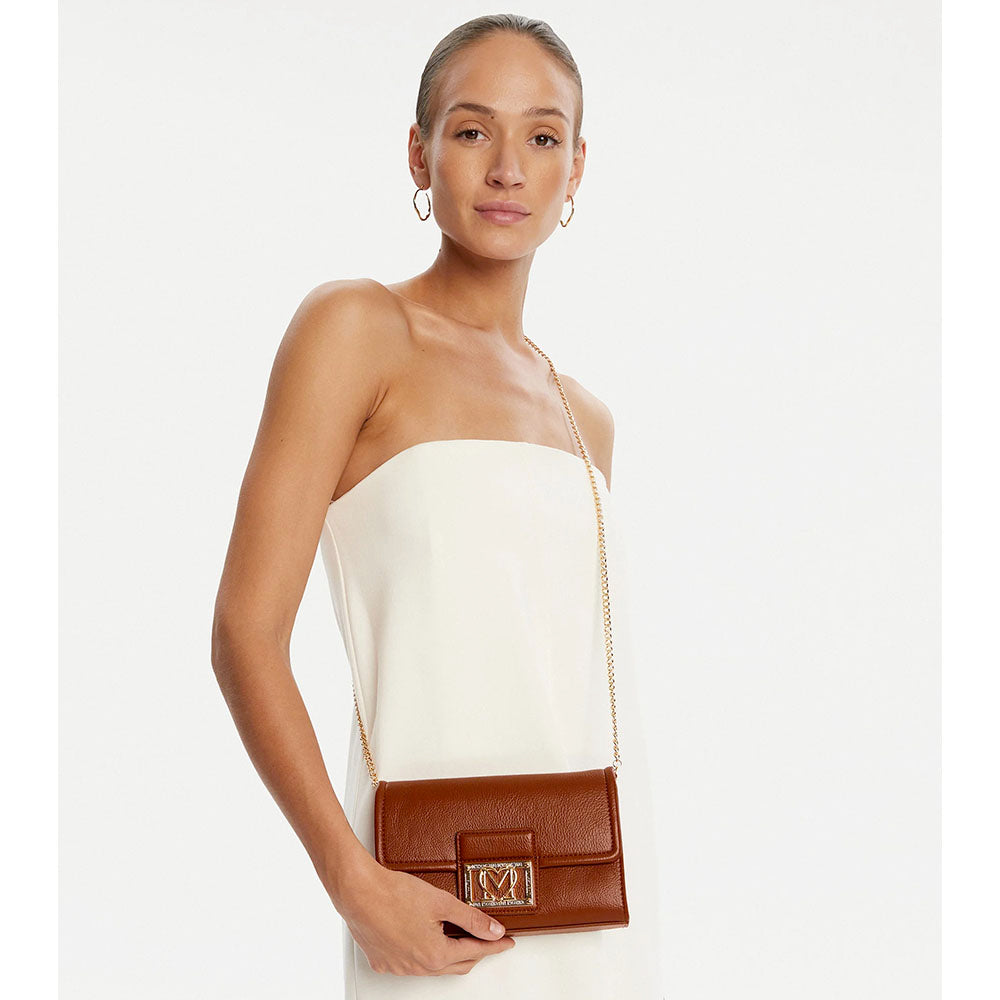 Women's Chestnut Crossbody Clutch Bag LOVE MOSCHINO with Square Logo Plaque