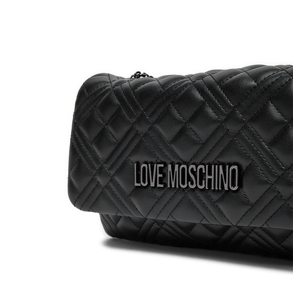 LOVE MOSCHINO Damen-Umhängetasche, gesteppte Linie, schwarze Farbe mit Gunmetal-Logo