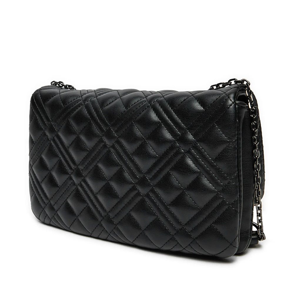 LOVE MOSCHINO Damen-Umhängetasche, gesteppte Linie, schwarze Farbe mit Gunmetal-Logo