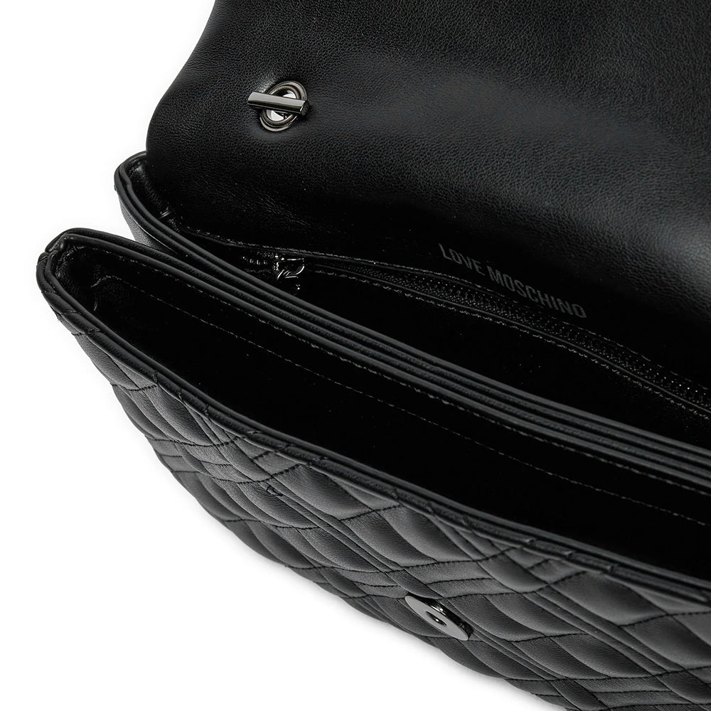 LOVE MOSCHINO Damen-Umhängetasche, gesteppte Linie, schwarze Farbe mit Gunmetal-Logo