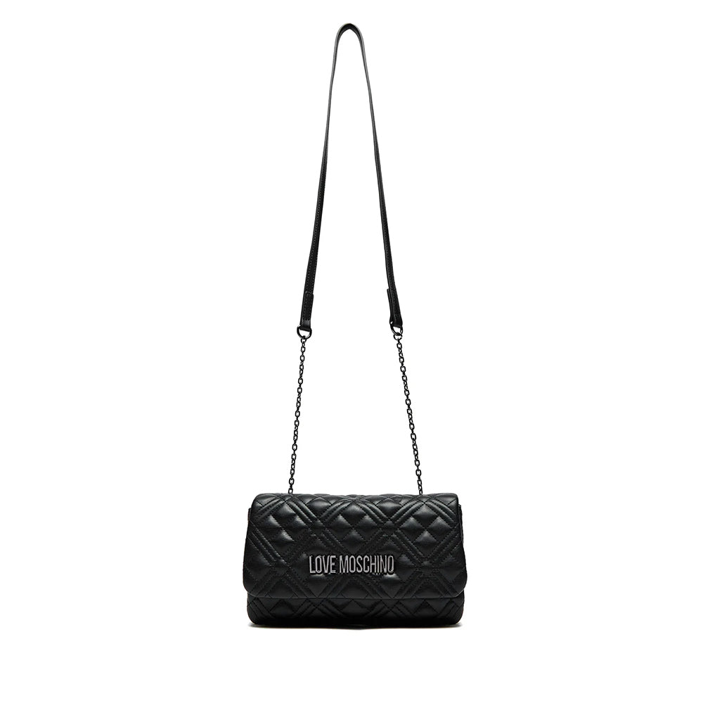 LOVE MOSCHINO Damen-Umhängetasche, gesteppte Linie, schwarze Farbe mit Gunmetal-Logo