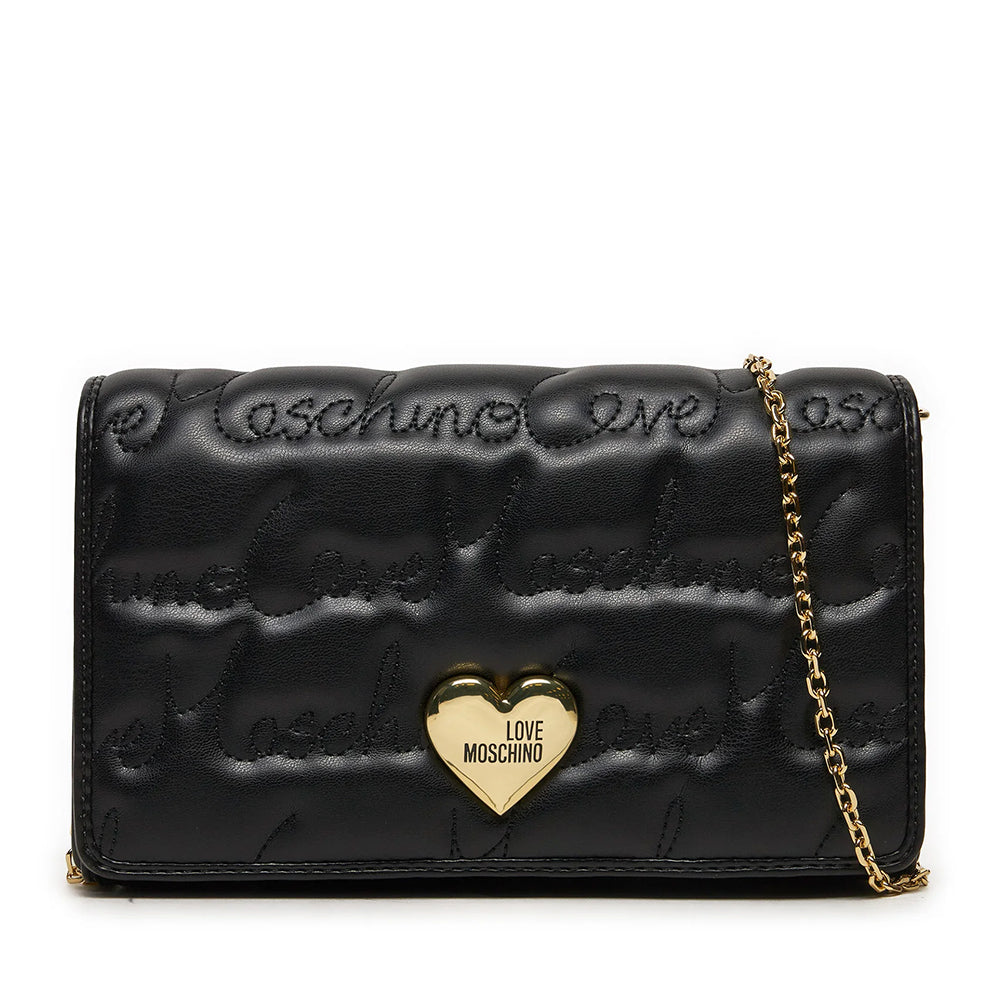 LOVE MOSCHINO 
Schwarze Damen-Clutch mit Schultergurt und durchgehend gesticktem Logo