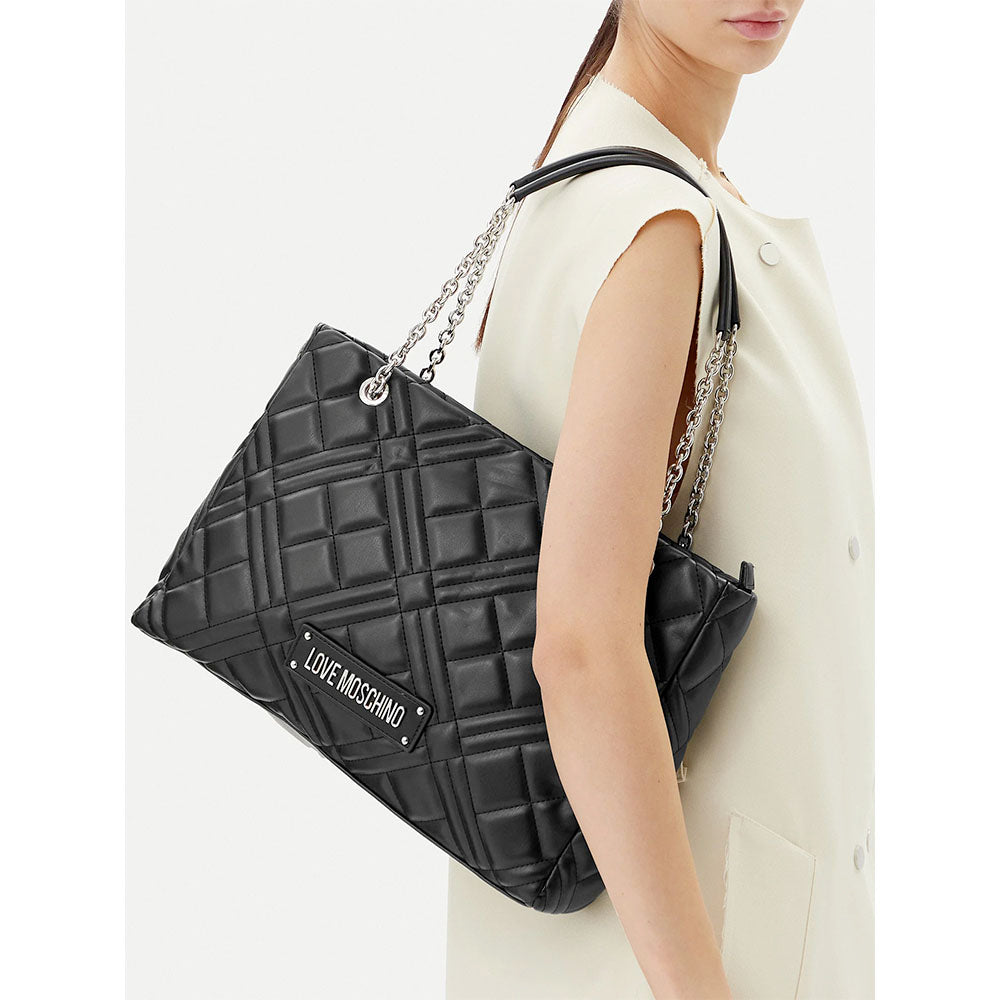 Shopping Bag Trapuntata LOVE MOSCHINO linea Quilted colore Nero e Nikel