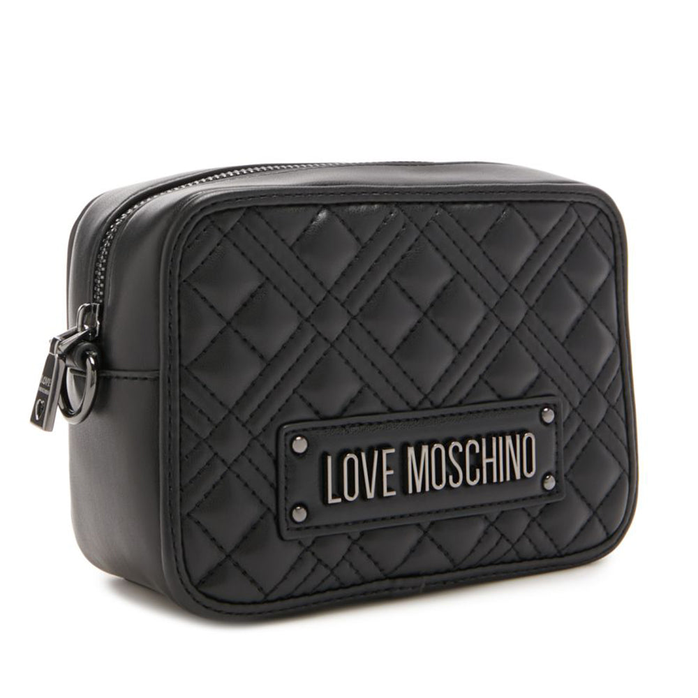Damen-Umhängetasche LOVE MOSCHINO, gesteppte Linie, schwarze Farbe mit Gunmetal-Logo JC4167