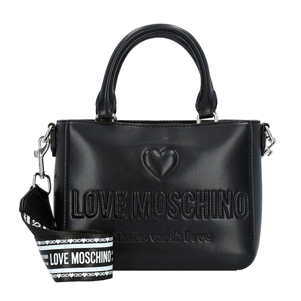 LOVE MOSCHINO Damenhandtasche mit Schulterriemen, Made with Love Linie, Schwarz und Nickel