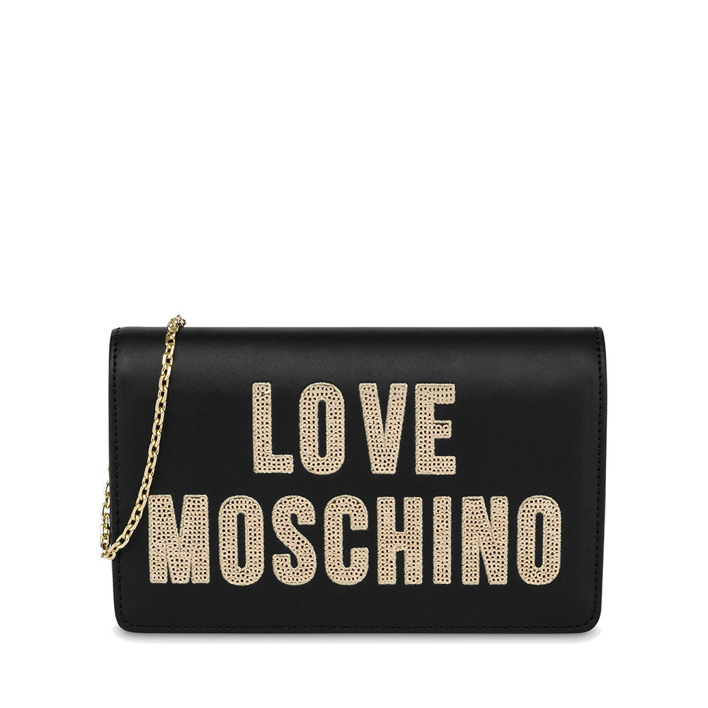 Clutch Donna con Tracolla LOVE MOSCHINO linea Sparkling Logo Nero con Logo in Paillettes Oro