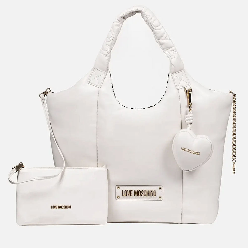 Maxi Shopping Bag LOVE MOSCHINO linea Puffy Logo Trapuntata Imbottita Avorio