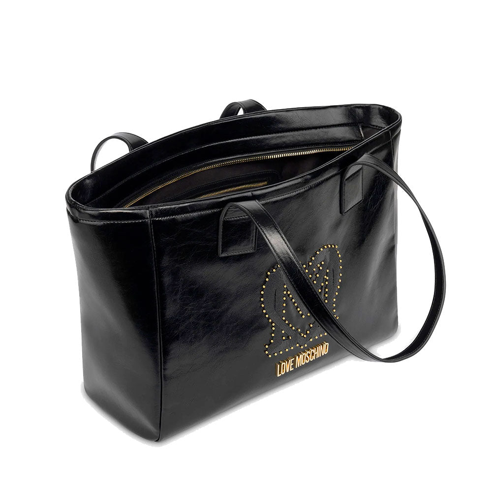 Shopping Bag LOVE MOSCHINO Nera con Logo Ricamato e Borchie