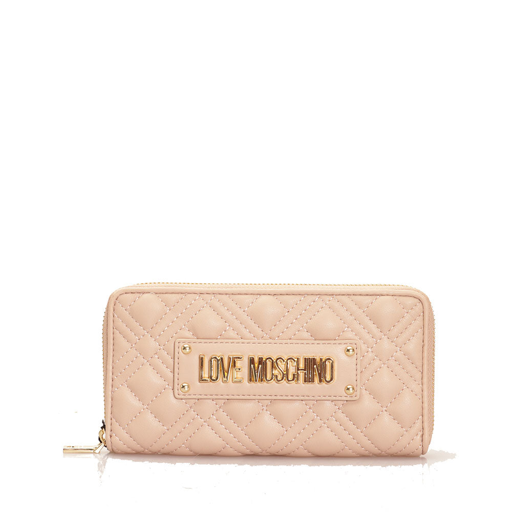 Damen-Geldbörse mit umlaufendem Reißverschluss, gesteppt, Linie LOVE MOSCHINO Shiny Quilted Pink Nude