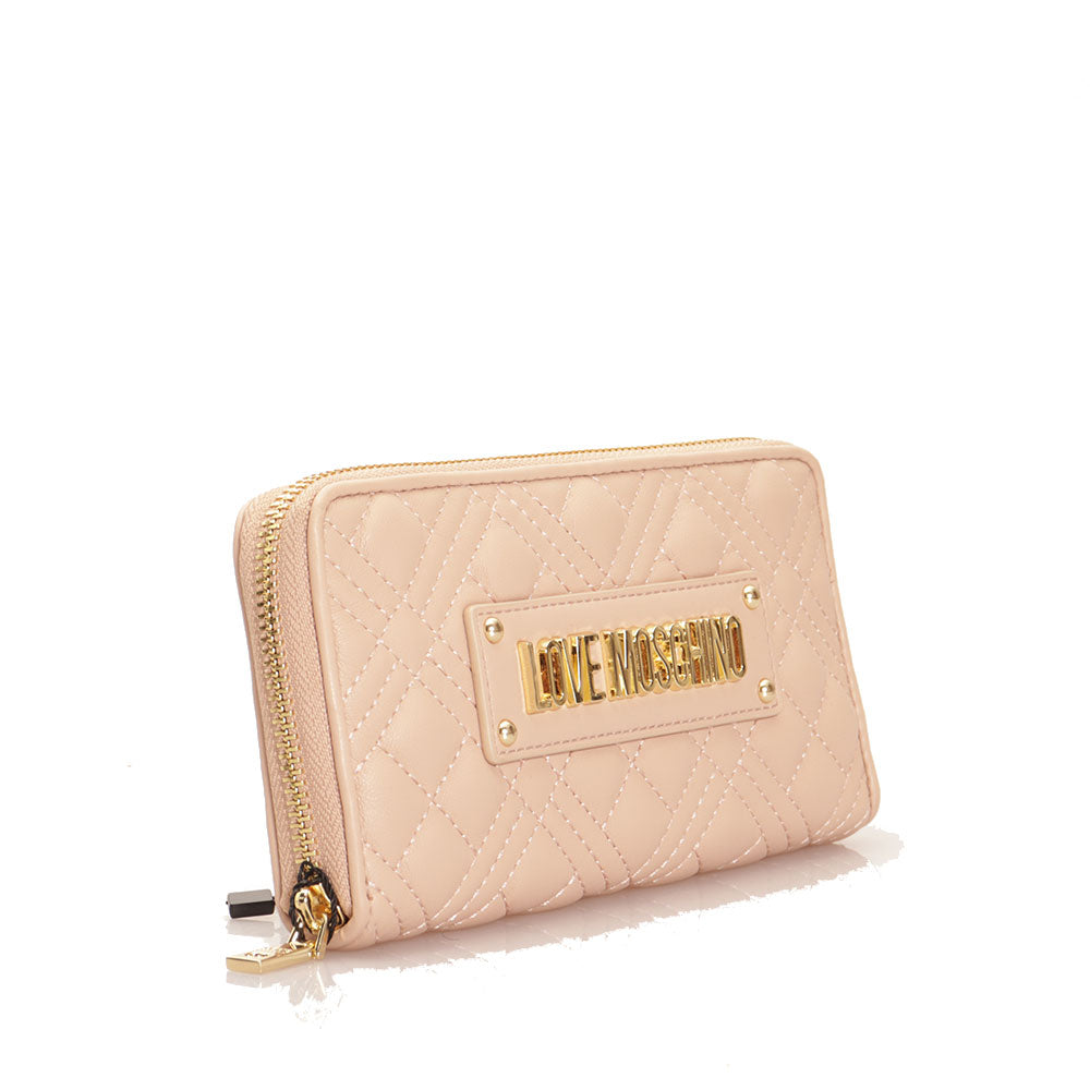 Damen-Geldbörse mit umlaufendem Reißverschluss, gesteppt, Linie LOVE MOSCHINO Shiny Quilted Pink Nude